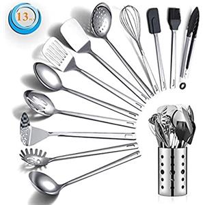 Berglander Set di utensili da cucina in acciaio inossidabile 13 pezzi, set di cucchiai da cucina con porta utensili antiaderente e resistente al calore, lavabile in lavastoviglie