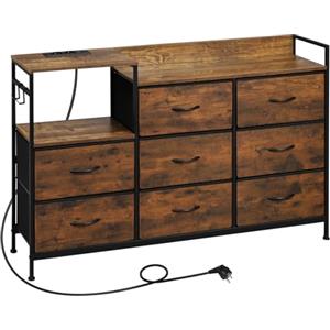 WOLTU Cassettiera a 8 Cassetti in Tessuto, Cassettiera per Camera da Letto, con Sezione di Ricarica e Ganci, Piani in Legno e Struttura in Metallo, Rovere Vintage e Nero, SSK007hov