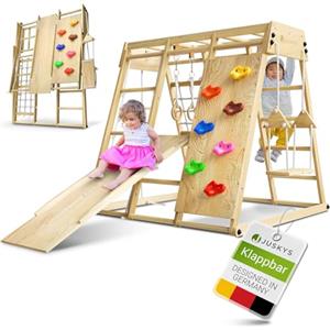 Juskys Maxi struttura per arrampicata per bambini - parco giochi per interni con scivolo, parete di arrampicata, rete di arrampicata e altalena - torre di arrampicata pieghevole in legno - naturale