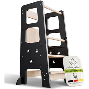 Juskys torre didattica Henny - per bambini da 1 anno, torre Montessoriana, tripla regolazione in altezza, sistema antiribaltamento, sgabello da cucina - nero