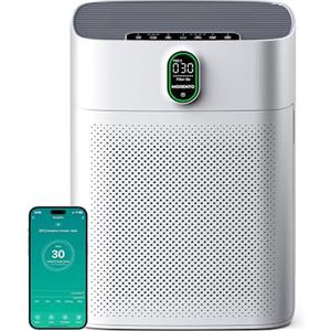 EZBASICS MORENTO Purificatore d'aria Intelligente Per La Casa Camere Grandi Fino a 1076 ft², Compatibile Wi-Fi e Alexa, Display Della Qualità Dell'aria PM2.5, Modalità Automatica, Silenziosa 24dB (Bianco)