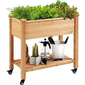 Yaheetech Fioriera/Aiuola Rialzata Orto da Balcone Letto Rialzato da Giardino Esterno per Piante in Legno Abete Naturale con Ruote Ripiano 87 x 47 x 83,5 cm