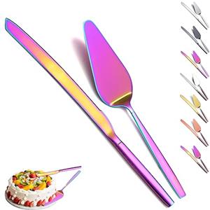 Evanda Set di coltelli e server per torte nuziali arcobaleno, tagliere per torte con placcatura in titanio arcobaleno, server per torte per tutti i giorni, matrimoni e compleanni