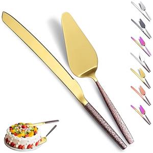 Evanda Set di coltelli e server per torte nuziali, manico marrone e testa d'oro lucido, per tutti i giorni, matrimoni e compleanni, lavabile in lavastoviglie