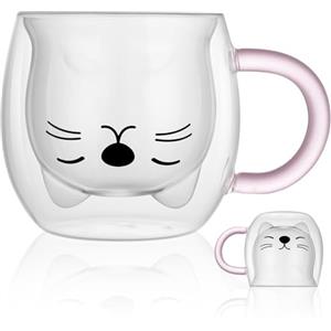 Vicloon Tazze per Gatti Carine con Manico, Tazza a Forma di Gatto Doppia Parete Vetro Isolante, 250ml Carino Tazze Gatto Tazza da tè e caffè Tazzine da caffè, Regalo per Il Compleanno San Valentino