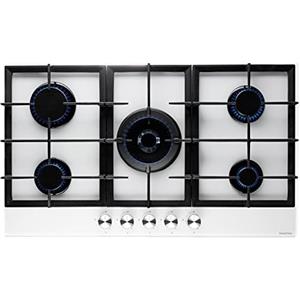 PremierTech Piano Cottura a Gas 5 fuochi 90cm (86cm) Vetro Bianco Supporti in Ghisa Professionali Wok PC905GW