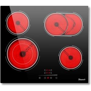 Disaenvir Piano Vetroceramica 4 Fuochi 6600W, Piano Cottura Elettrico 4 Piastre con Doppio area BBQ Ovale, Piastre Vitrocerámica 9 Livelli di Potenza, Funzione Pausa, Timer, Funzione Anti-Touch