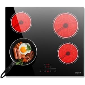Disaenvir Piano Cottura Vetroceramica 4 Fuochi 6000W, Piano Cottura Elettrico 4 Piastre da incasso 220v, Placa Vitrocerámica Funzione Pausa, 9 Livelli, Controllo touch, Timer, Funzione Anti-Touch