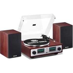 ANGELS HORN Giradischi vintage, giradischi HiFi Bluetooth con altoparlanti da scaffale, preamplificatore fono incorporato, trasmissione a cinghia a 2 velocità, controllo passo a passo, pick-up AT