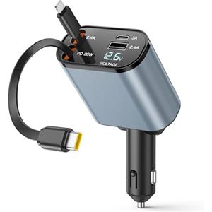 maxtachi Caricatore Auto USB C 69W Retrattile PD 3.0 Caricabatterie Auto con 2 Cavo Retrattili e 2 Porte USB Auto con Voltmetro LED per iPhone Compatibile con iPhone 16 15 Pro Max/Galaxy