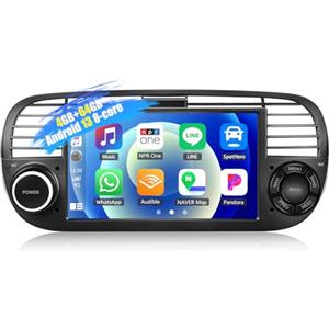 SIXWIN [8 Core] 4+64G SIXWIN Android 13 Autoradio con CarPlay/Android Auto/DSP per FIAT 500 2007-2015,7 Pollici HD Navigatore GPS WiFi Bluetooth 5.0 USB FM RDS Radio Mirror Link +32 Bande EQ(Nero)