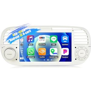 SIXWIN [8 Core] 4+64G SIXWIN Android 13 Autoradio con CarPlay/Android Auto/DSP per FIAT 500 2007-2015,7 Pollici HD Navigatore GPS WiFi Bluetooth 5.0 USB FM RDS Radio Mirror Link +32 Bande EQ(Bianco)
