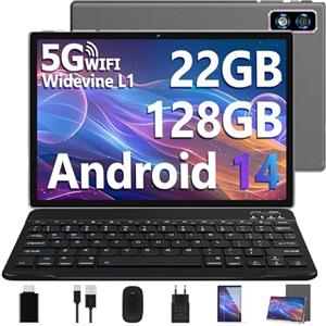 DEERTiME 2025 Newest Tablet 10 Pollici Android 14 OS 22GB RAM+128GB ROM(TF 1TB), Octa Core 2.0Ghz /5G+2.4G WiFi/GMS/8000mAh/Bluetooth 5.0/Widevine L1/8MP+5MP/GPS/Tablet 2 in 1 con Tastiera e Mouse - Grigio