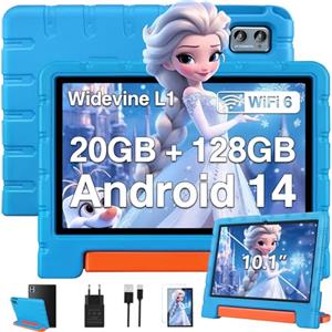 ZIOVO Tablet 10 Pollici Android 14 Tablet Bambini, 20GB RAM+128GB ROM(TF 1TB),WiFi 6 Tablet, Widevine L1/Octa-Core/BT 5.0/8+5 MP/6000mAh/Tablet per Bambini,Tablet con EVA Caso - Blu