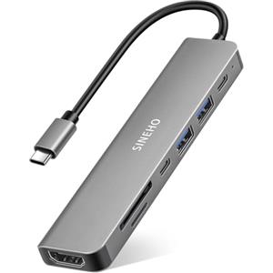 SINEHO Hub USB C 7-in-1 Multiporta con HDMI 4K@30Hz, PD 100W, USB 3.0, USB 2.0, porta dati USB-C e lettore di schede SD/TF - Compatibile con MacBook, Dell XPS, Surface Pro e altro