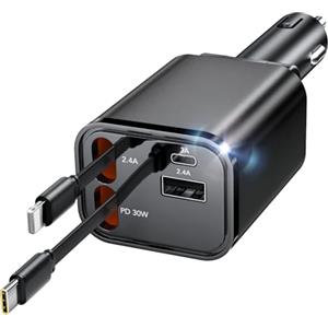 Aimtel Retrattile Caricabatterie Auto,Caricatore Auto USB Cavi di Ricarica Veloce (2.6Ft) e 2 porte USB Adattatore Caricabatterie da Auto compatibile con iPhone/Galaxy/Google/Huawei/Tablet