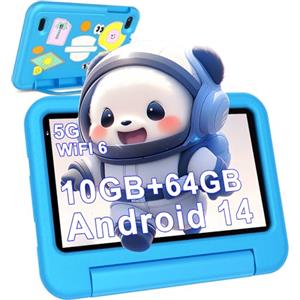 DEERTiME Tablet Andorid 14 Bambini 7 Pollici 10GB RAM + 64GB ROM (TF 1TB), WiFi 6, BT5.0, Octa-Core, Controllo Parentale | Doppia Fotocamera | GMS Certificated | GPS | Tablet con Custodia EVA - Blu