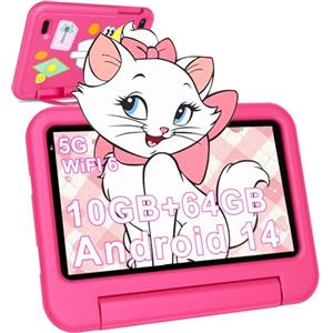DEERTiME Tablet Andorid 14 Bambini 7 Pollici 10GB RAM + 64GB ROM (TF 1TB), WiFi 6, BT5.0, Octa-Core, Controllo Parentale | Doppia Fotocamera | GMS Certificated | GPS | Tablet con Custodia EVA - Rosa