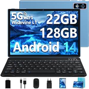 DEERTiME 2025 Newest Tablet 10 Pollici Android 14 OS 22GB RAM+128GB ROM(TF 1TB), Octa Core 2.0Ghz /5G+2.4G WiFi/GMS/8000mAh/Bluetooth 5.0/Widevine L1/8MP+5MP/GPS/Tablet 2 in 1 con Tastiera e Mouse - Blu