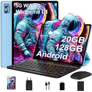 DEERTiME 2025 Newest Tablet 10 Pollici 20GB RAM+128GB ROM(TF 2TB), Android 14 Tablets Octa Core, 5G+2.4G Wi-Fi 6, 1280 * 800 FHD, BT5.0, 8+5MP, Cast, Widevine L1, GMS Tablet con Tastiera e Mouse, Blu