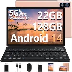 DEERTiME 2025 Newest Tablet 10 Pollici Android 14 OS 22GB RAM+128GB ROM(TF 1TB), Octa Core 2.0Ghz /5G+2.4G WiFi/GMS/8000mAh/Bluetooth 5.0/Widevine L1/8MP+5MP/GPS/Tablet 2 in 1 con Tastiera e Mouse - Oro Rosa