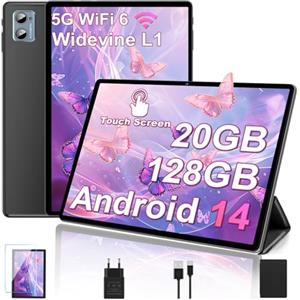 DEERTiME 2025 Newest Android 14 Tablet 10 Pollici, 20(6+14)GB RAM+128GB ROM(TF 2TB), Octa Core 1.8GHz, 5G+2.4G Wi-Fi 6 | 1280 * 800 FHD| Widevine L1| BT5.0| 5MP+8MP| Widgets| GMS Tablet con Caso - Nero