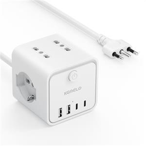 KEMELO Ciabatta Elettrica Multipresa con 4 Prese Universali 10/16A ITA e Schuko, 2 M Prolunga Elettrica con 2 USB A+2 USB C,Presa Multipla Spina Piatta Salvaspazio con Interruttori per Casa, Ufficio Nero