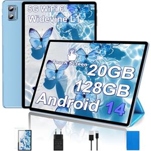 DEERTiME 2025 Newest Android 14 Tablet 10 Pollici, 20(6+14)GB RAM+128GB ROM(TF 1TB), Octa Core 1.8GHz, 5G+2.4G Wi-Fi 6 | 1280 * 800 FHD| Widevine L1| BT5.0| 5MP+8MP| Widgets| GMS Tablet con Caso - Blu