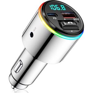 Babacom Trasmettitore FM Bluetooth 5.3 per Auto, Ricarica Rapida QC3.0 18W & PD 30W Bluetooth Auto Aux con Interamente in Metallo, 7 Doppia Colori Retroilluminato, Audio Amplificatori Stereo per Auto