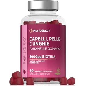 Horbäach Vitamine per Capelli Gommose | Biotina 5000 mcg + Acido Folico, Vitamine C, B6, E, B12, A, D e Zinco | Integratore Capelli Pelle Unghie | 60 Caramelle Gommose | VEGAN | di Horbaach
