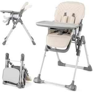 COSTWAY Seggiolone Pappa Pieghevole, Seggiolone Evolutivo per Neonati con Poggiapiedi, Vassoio Staccabile, Altezza Regolabile, Cuscino Sede in PU, Cintura di Sicurezza, per Bambini 6-36 Mesi (Beige)