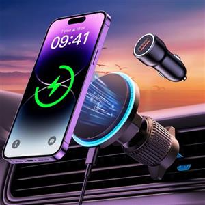 Rolgno Caricatore Wireless Auto Magnetico con QC3.0 Caricabatterie, Allineamento Automatico & Rapida Ricarica Wireless Auto, Dissipazione Del Calore, Compatibile con MagSafe, iPhone Serie 16/15/14/13