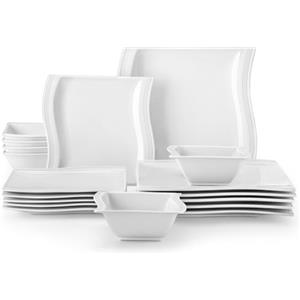 MALACASA Serie FLORA, Servizio da Tavola in Porcellana per 6 Persone, Set di 18 Pezzi con 6 Piatti Piani 26 cm, 6 Piatti da Dessert 20 cm e 6 Ciotole per Cereali 450 ml, Bianco
