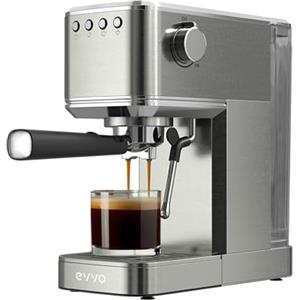 EVVO Caffettiera Express Intensa, Pressione 20 bar, Corpo in Acciaio, Espressi e Capuccini, 1350 W, Doppia uscita, Portafiltri, Serbatoio da 1,2 l, Riscaldamento Rapido (Steel, Senza Manometro)