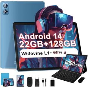Dghrti 2025 Newest Tablet 10 pollici Android 14, 22GB RAM+128GB ROM/TF 1TB, 8-core 2.0GHz, 8000mAh, Corpo in Metallo, Doppio WiFi, GPS, BT5.0, 8MP+5MP, Widevine L1, Con Tastiera e Mouse, Blu