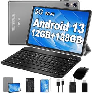 YESTEL Tablet 10 Pollici Android 13 con 12GB RAM 128GB ROM (TF 1TB), CPU 2.0 GHz, HD Tablet 2 in 1 con 5G Wi-Fi, Octa-Core, Bluetooth 5.0, GPS, 5MP+8MP, Tablet con Tastiera e Mouse, Grigio