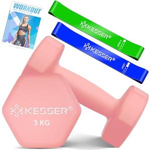 KESSER® Set di 2 manubri da 2 kg, 5 kg, in neoprene, esagono, per allenamento di forza, allenamento, fitness, per la casa, con quaderno per esercizi, 2 fasce per il fitness
