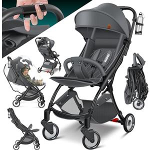 KIDIZ® Premium Passeggino, Passeggino Pieghevole, Ruote pieghevoli a 360° - Imbracatura a 5 punti, incluso Portabibite e Parapioggia, Schienale regolabile e Capottina parasole, Antracite