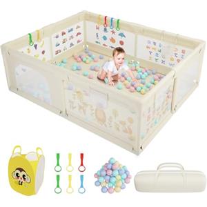 GOI Box Bambini, Recinto per Bambini Extra Grande 200x160 cm Box Neonato con Morbida Rete Traspirante, Inclusi 50 Palline, 6 Maniglie, 1 Cesto Porta Palline-Beige