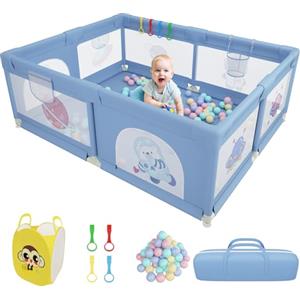 GOI Box Bambini, Recinto per Bambini Extra Grande 180x150 cm Box Neonato con Morbida Rete Traspirante, Inclusi 50 Palline, 4 Maniglie, 1 Cesto Porta Palline-Blu