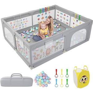 GOI Box Bambini, Recinto per Bambini Extra Grande 200x160 cm Box Neonato con Morbida Rete Traspirante, Inclusi 50 Palline, 6 Maniglie, 1 Cesto Porta Palline-Grigio