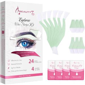Beauty7 Strisce di Cera Depilatorie del Sopracciglio Pronte All'uso, Confezione da 24 Strisce con 4 Pezzi Salviette Detergenti Olio Beauty7