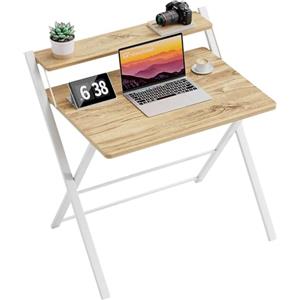GreenForest Salvaspazio Scrivania Pieghevole Piccola con Scaffale, Tavolo da Ufficio Robusto, per Computer Portatile, Pronta all'Uso Senza Montaggio, Beige