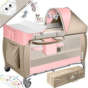 KIDIZ® Lettino per bambini 3in1, Lettino da viaggio, Set - Lettino con fasciatoio, Zanzariera, Pareti laterali aerate, Navicella, pieghevole, fino a 15 kg, Rosa/Beige