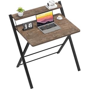 GreenForest Salvaspazio Scrivania Pieghevole Piccola con Scaffale, Tavolo da Ufficio Robusto, per Computer Portatile, Pronta all'Uso Senza Montaggio, Marrone