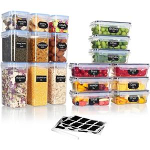 Hibisaws Set di 18 Contenitori Ermetici per Alimenti: 9 Contenitori Plastica con Coperchio (Impilabili/Blu) per Armadio e 9 Contenitori Plastica con Coperchio (Orizzontali/Neri) per Frigorifero e Trasporto
