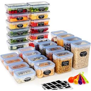 Hibisaws Set di 28 Contenitori per la Cucina, 12 x 1L & 4 x (2L + 1.4L + 0.8L + 0.52L), Contenitori Ermetici per Alimenti in Plastica, Senza BPA