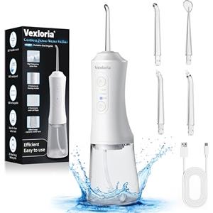 Vexloria Idropulsore Dentale Portatile, 300ML Irrigatore Orale Senza Fili, Water Flosser 3 Modalità E 4 Ugelli, IPX7 Impermeabile Irrigatore Idropulsore Pulizia Denti Ideale per Viaggi a Casa Bianco