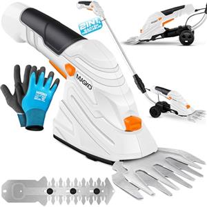 MASKO® Set di cesoie per erba con batteria 7,2 V, 2000 mA/h, tagliasiepi elettrico da giardino, con caricabatterie, guanti, coltello per erba, lama e manico telescopico, 90-130 cm, con ruote