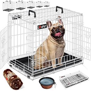 LOVPET® Gabbia pieghevole per Cani con Coperta in Pile + Ciotola per Cani con 2 porte Gabbia per Trasporto Auto - 77,5x48,5x55,5 cm, Trasportino per Animali con Pavimento, M - Bianco